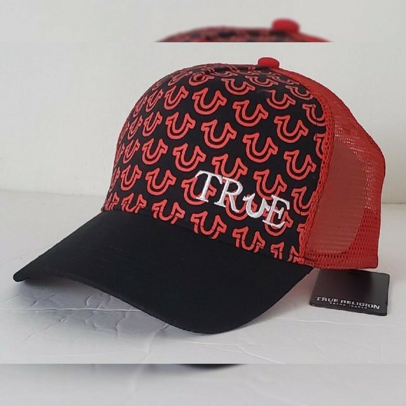 TRUE RELIGION ALLOVER HORSESHOE TRUE TRUCKER HAT MEN'S ADJUSTABLE OS BLACK/RED - Picture 6 of 10